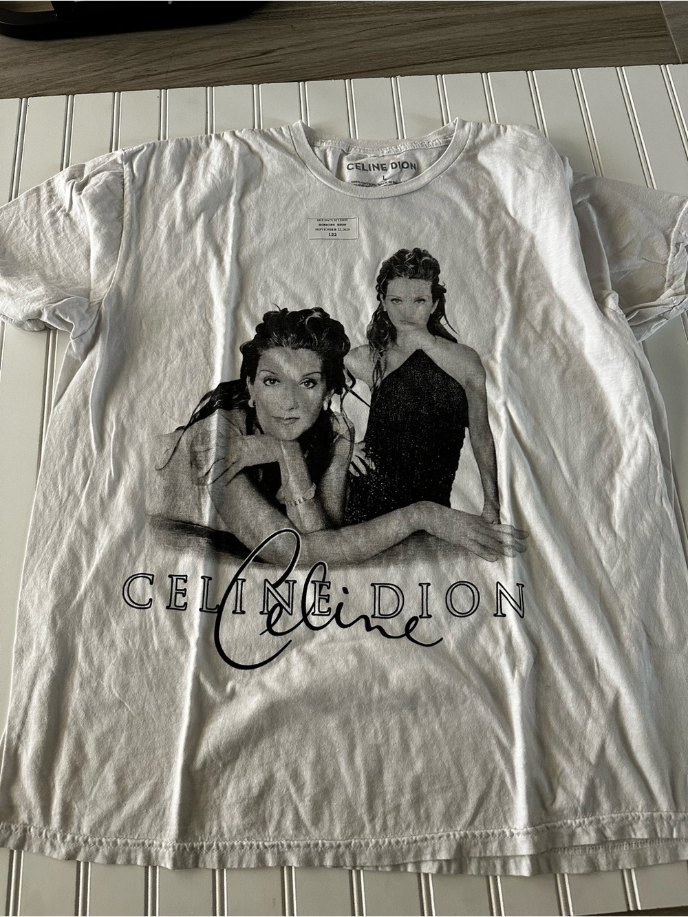 Celine White Graphic Photo Tee with Black Print, Size L